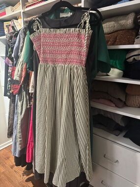 THML Pink Smocked Bodice Green Striped Midi Dress